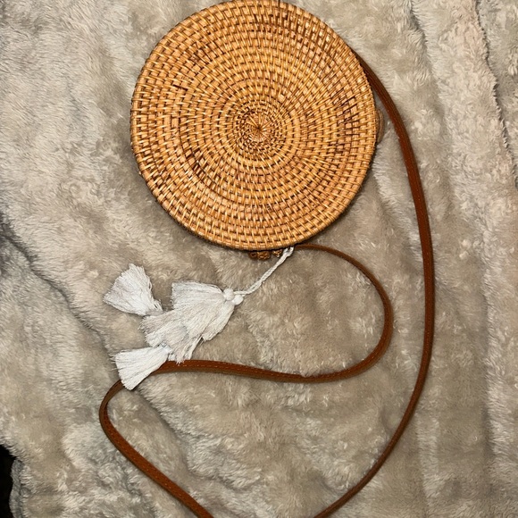 Woven Round Rattan Crossbody Bag with Tassel - Brown - Picture 2 of 3